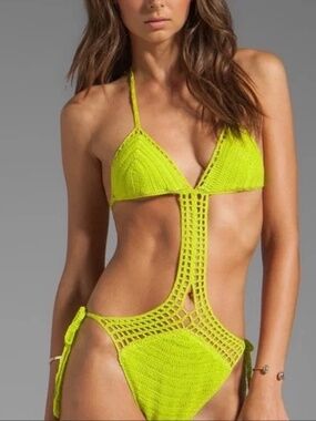 Anna Kosturova Crochet Lattice Monokini Chartreuse NWT L